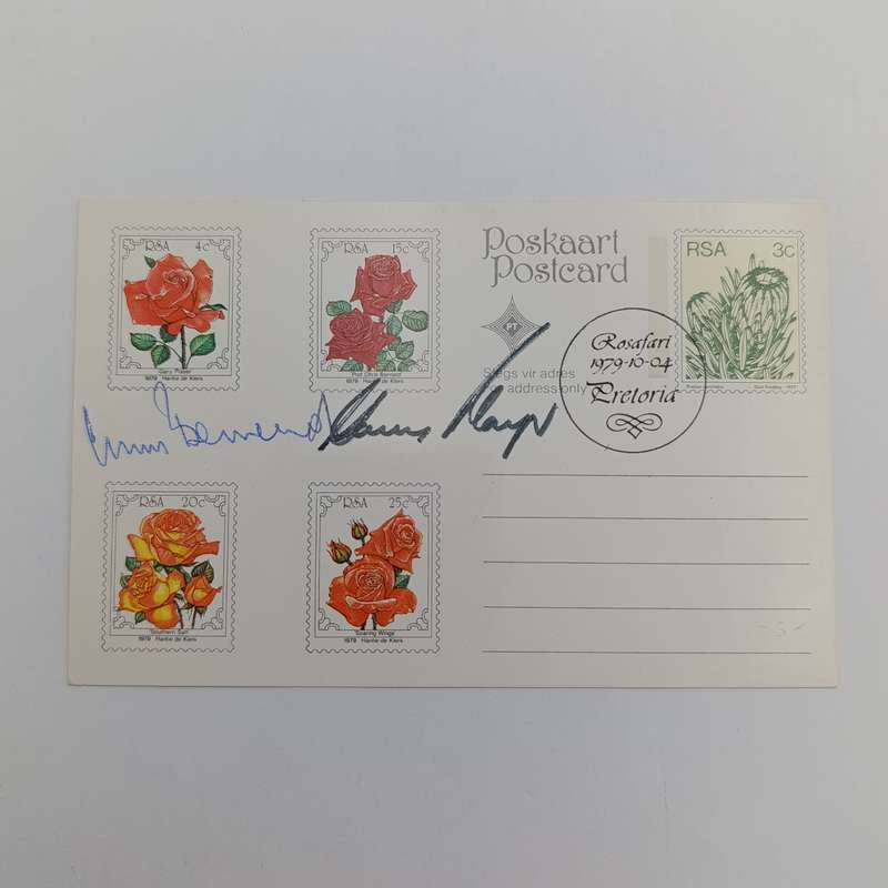 1979 South Africa Rose postcard with Gary Player and Prof Chris Barnard roses - signed by them both