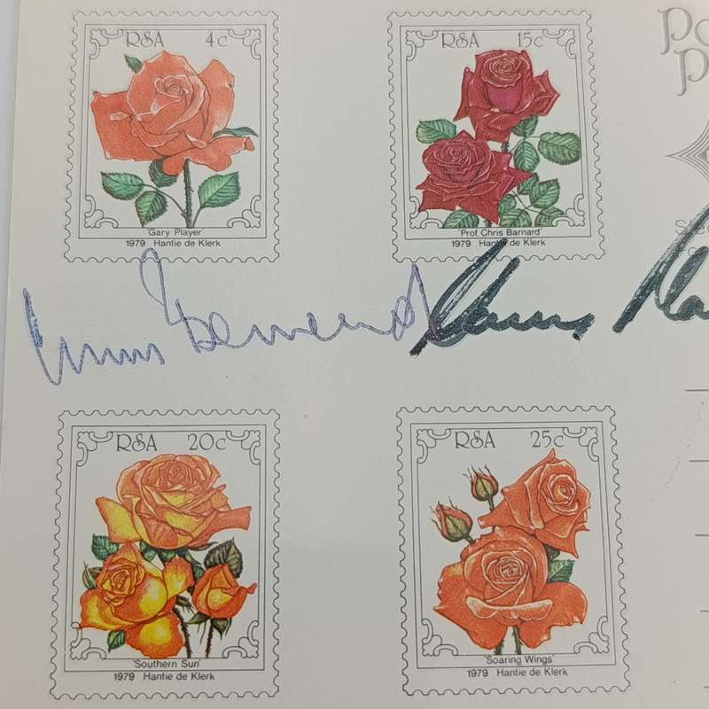 1979 South Africa Rose postcard with Gary Player and Prof Chris Barnard roses - signed by them both