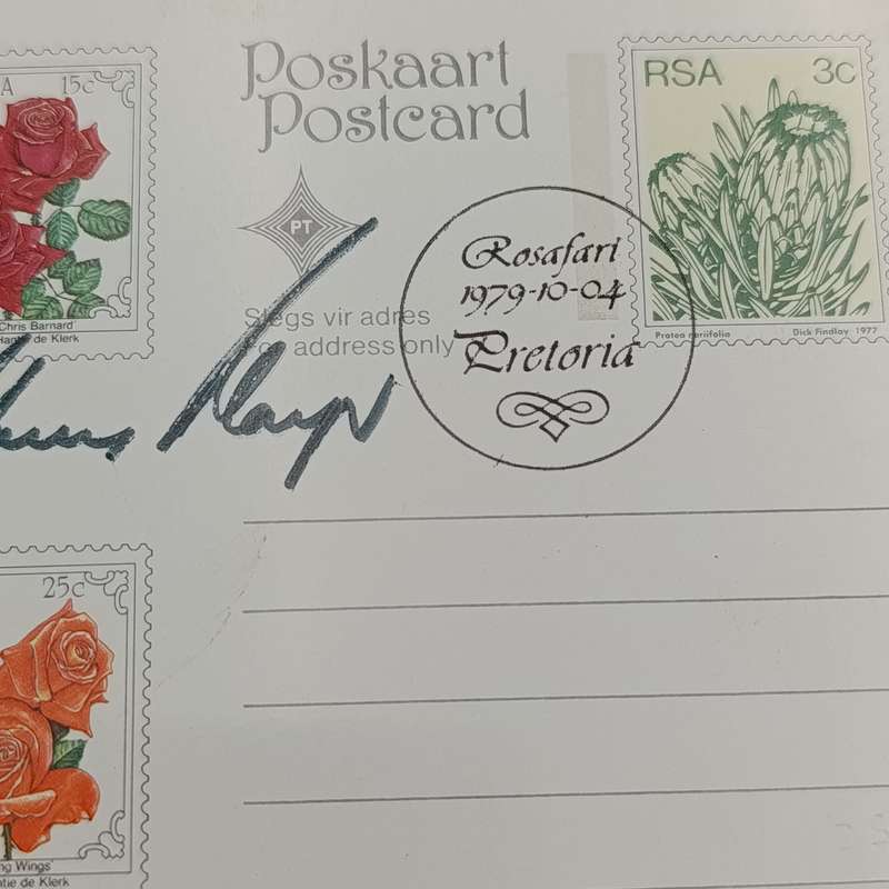 1979 South Africa Rose postcard with Gary Player and Prof Chris Barnard roses - signed by them both