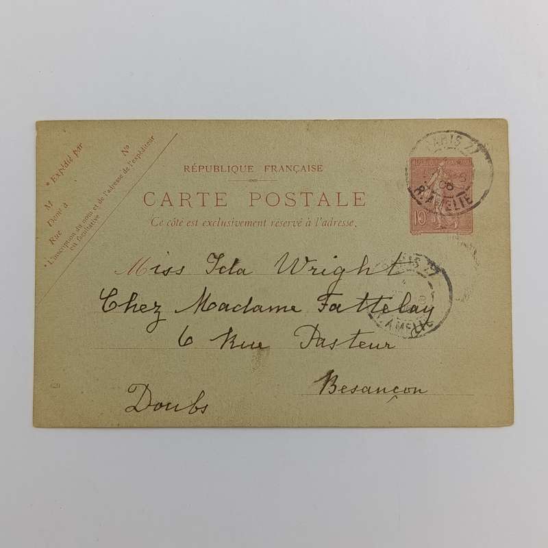 1906 French postcard to Lela Wright - pre printed 10c postage Paris to Bensancon