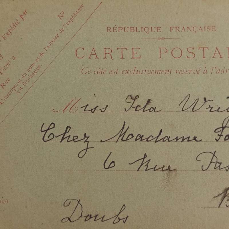 1906 French postcard to Lela Wright - pre printed 10c postage Paris to Bensancon