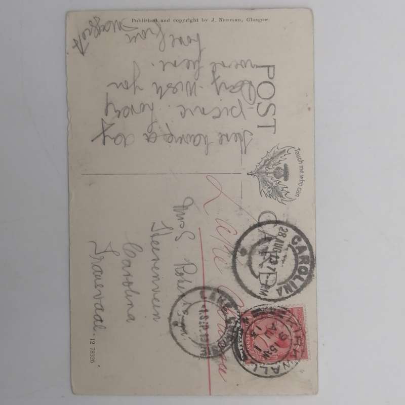 Post card sent from Lake Chrissie, South Africa to Carolina, Transvaal with British One Penny Stamp
