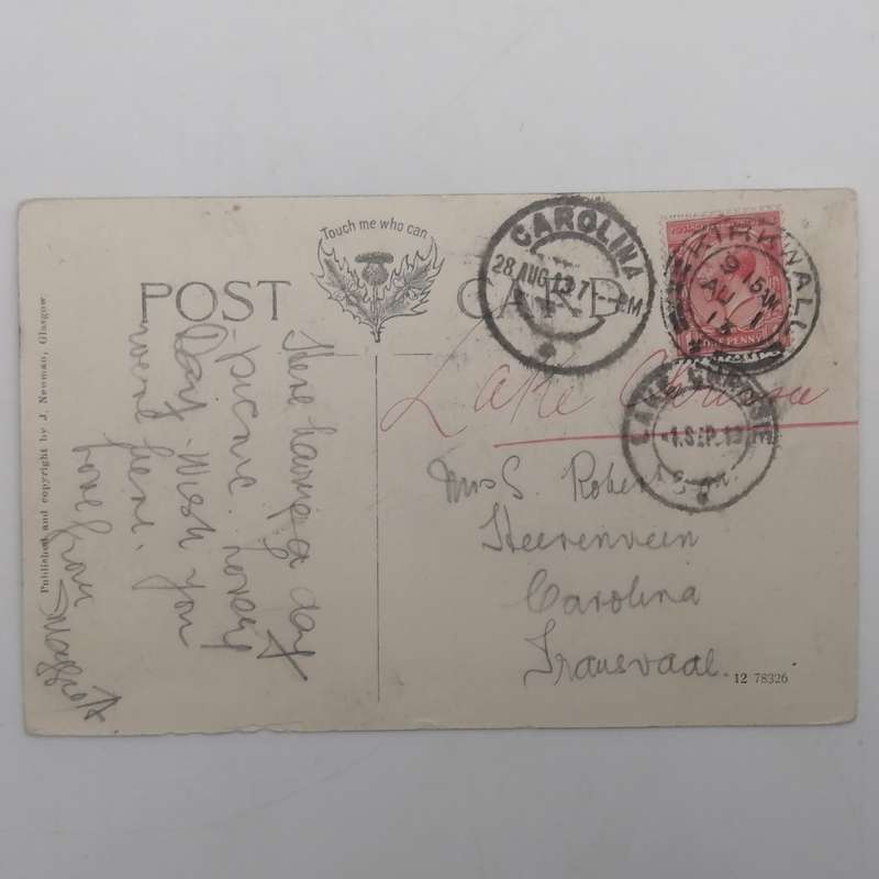 Post card sent from Lake Chrissie, South Africa to Carolina, Transvaal with British One Penny Stamp