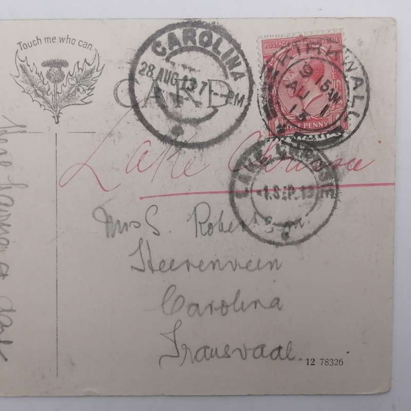 Post card sent from Lake Chrissie, South Africa to Carolina, Transvaal with British One Penny Stamp