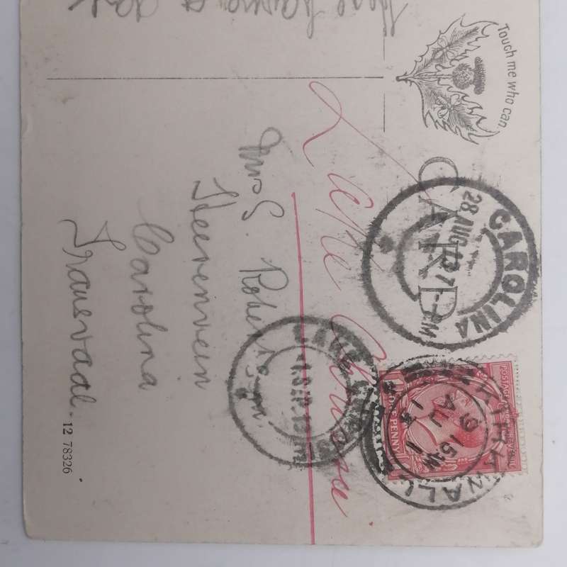 Post card sent from Lake Chrissie, South Africa to Carolina, Transvaal with British One Penny Stamp