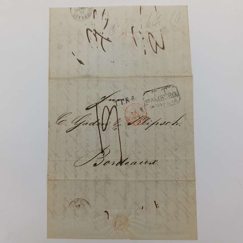 1843 letter from Hamburg to Bordeaux forwarded through the Thurn & Taxis administration in Hamburg