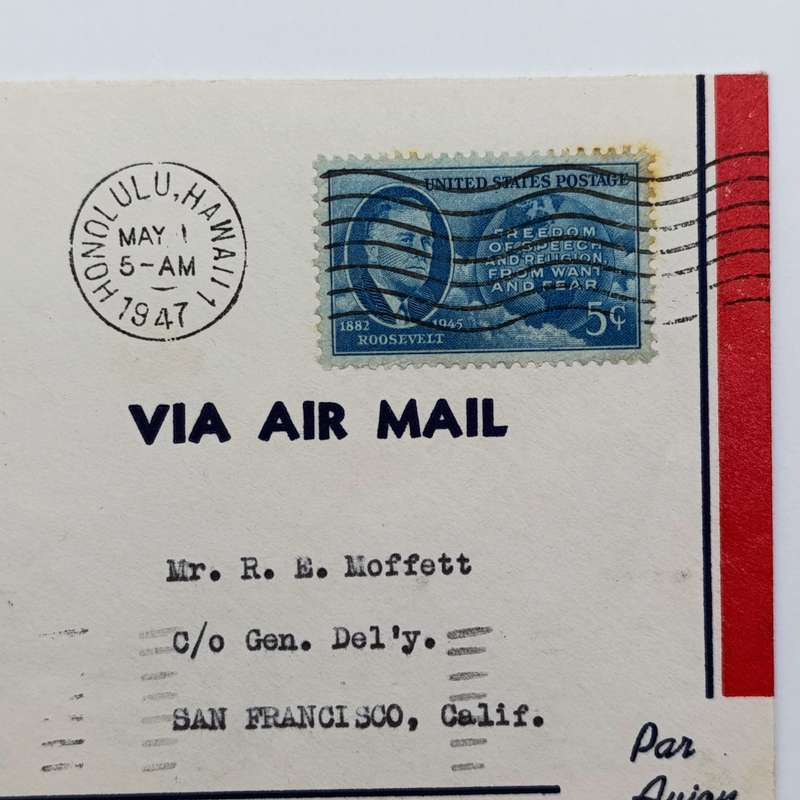 First Flight Cover Honolulu Hawaii to San Francisco California USA 1 May 1947 with 5c USA stamp