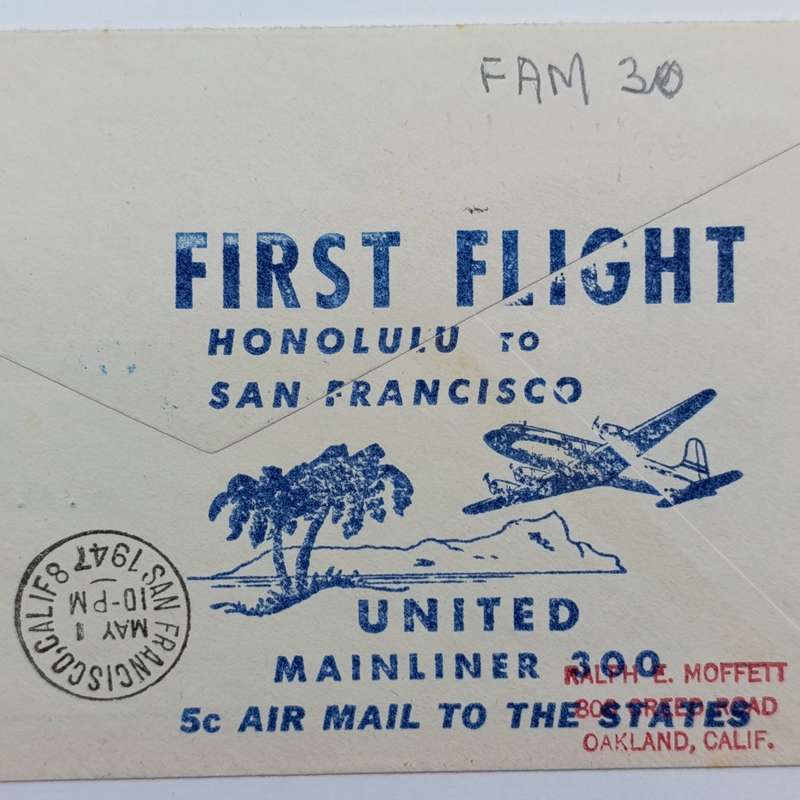 First Flight Cover Honolulu Hawaii to San Francisco California USA 1 May 1947 with 5c USA stamp