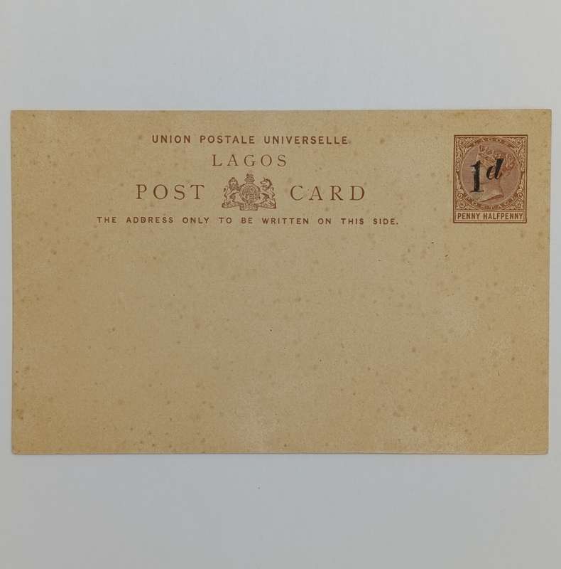 Unused Lagos postcard with pre printed postage halfpenny overprinted 1d