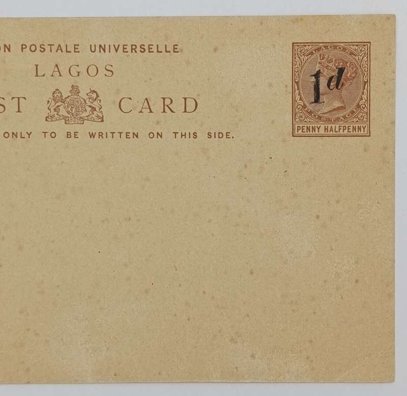 Unused Lagos postcard with pre printed postage halfpenny overprinted 1d