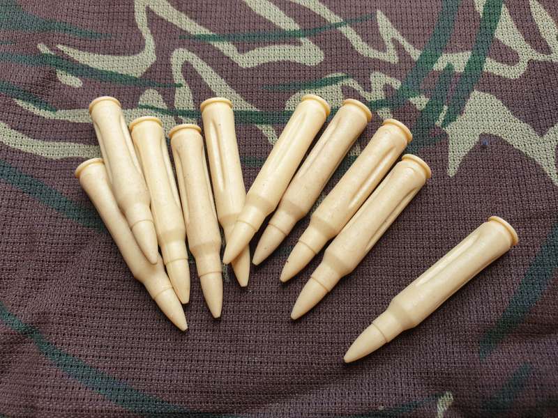 very scarce 100% original SADF era PLASTIC 5,56mm x 45 DRILL ammo rounds x 10 job-lot
