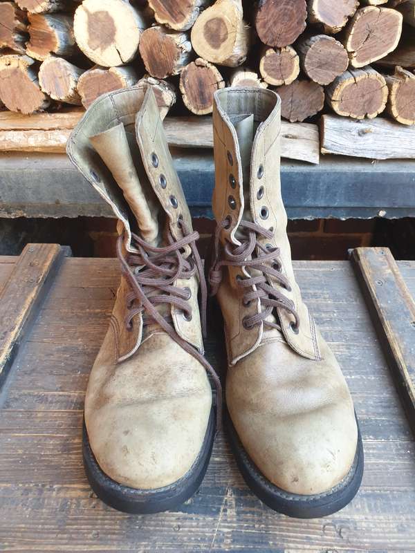 original SADF era 93/95 worn full leather GREEN combat boots as issued with camos in the early days