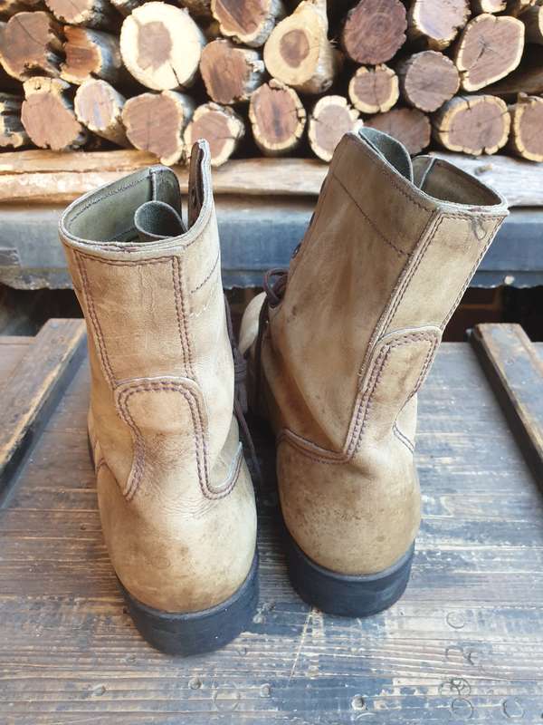 original SADF era 93/95 worn full leather GREEN combat boots as issued with camos in the early days