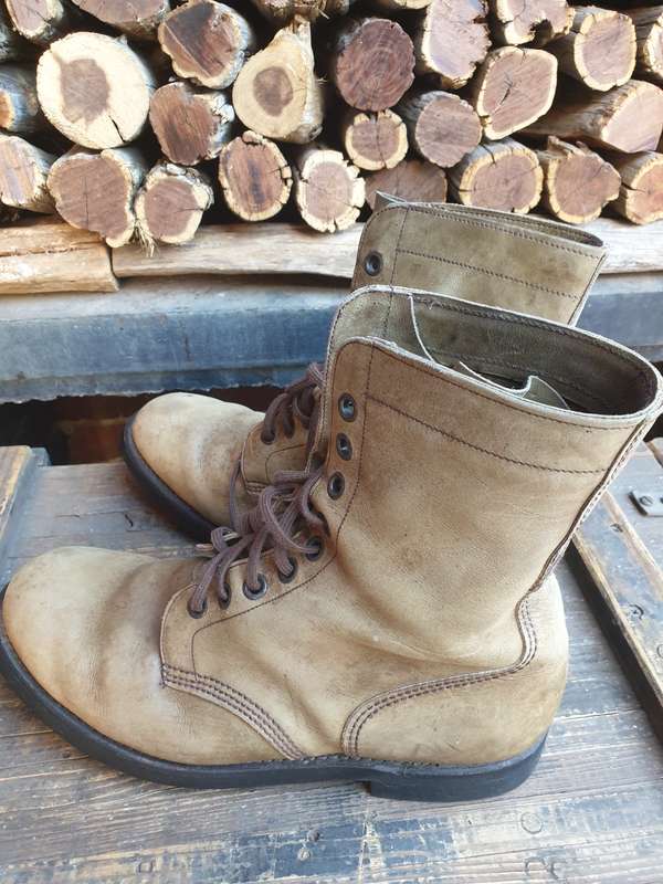 original SADF era 93/95 worn full leather GREEN combat boots as issued with camos in the early days