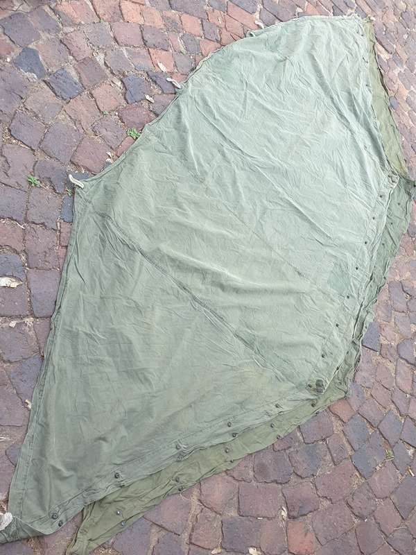 complete original USGI 2 man (2 shelters) canvas olive green pup tent with correct stakes/poles used