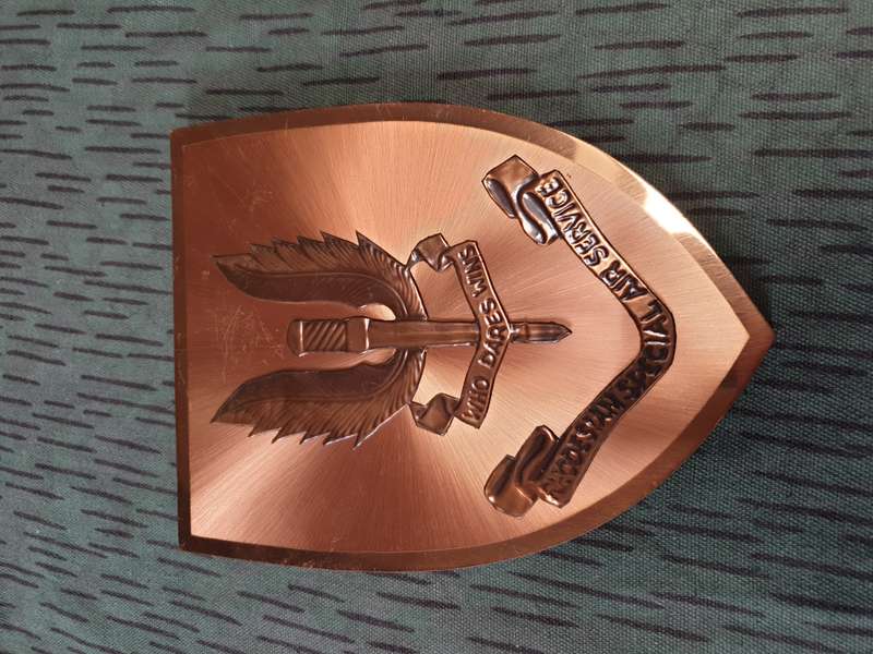 Nr 2 - Rhod commemorative wall plaque thin copper foil base with 3D copper unit badge used condition