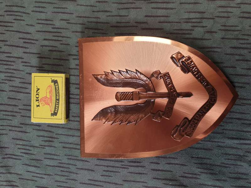 Nr 2 - Rhod commemorative wall plaque thin copper foil base with 3D copper unit badge used condition
