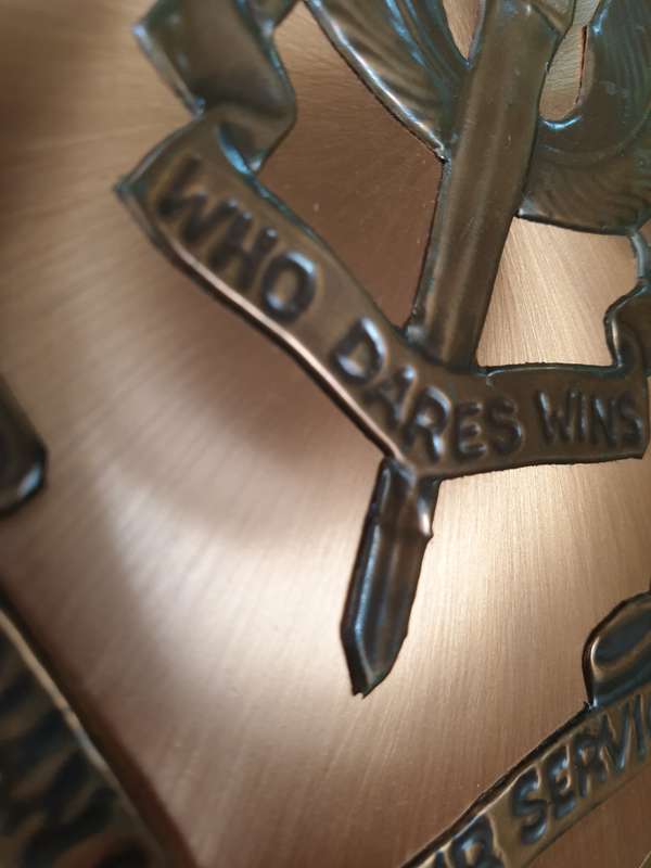Nr 2 - Rhod commemorative wall plaque thin copper foil base with 3D copper unit badge used condition
