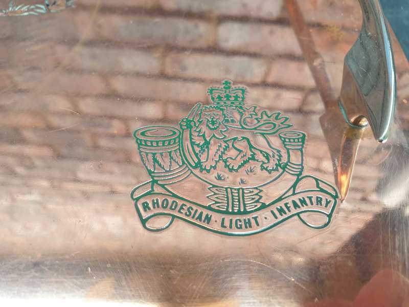 original bushwar period pre-UDI Rhod Light Infantry copper tea-tray with mascot Cheetah - great cond