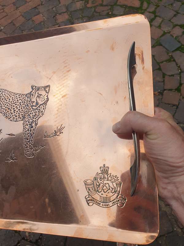 original bushwar period pre-UDI Rhod Light Infantry copper tea-tray with mascot Cheetah - great cond