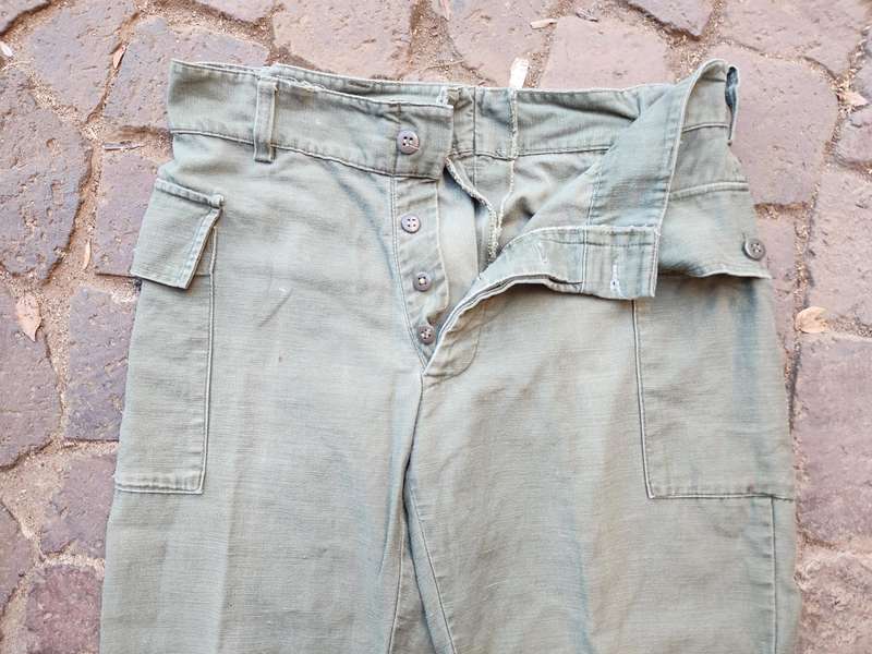pr. used & slightly faded clean intact VERY RARE OP SAVANNAH worn SADF issue green uniform trousers