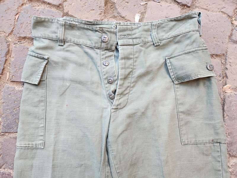 pr. used & slightly faded clean intact VERY RARE OP SAVANNAH worn SADF issue green uniform trousers
