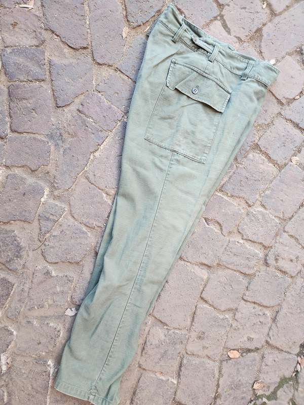 pr. used & slightly faded clean intact VERY RARE OP SAVANNAH worn SADF issue green uniform trousers
