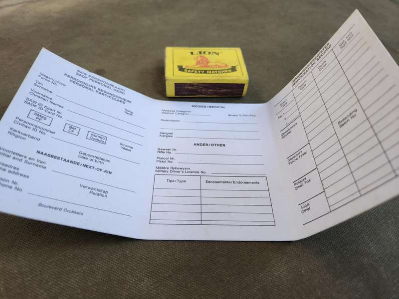 new & unused (only folded) SADF era individual soldiers' period identification personal details card