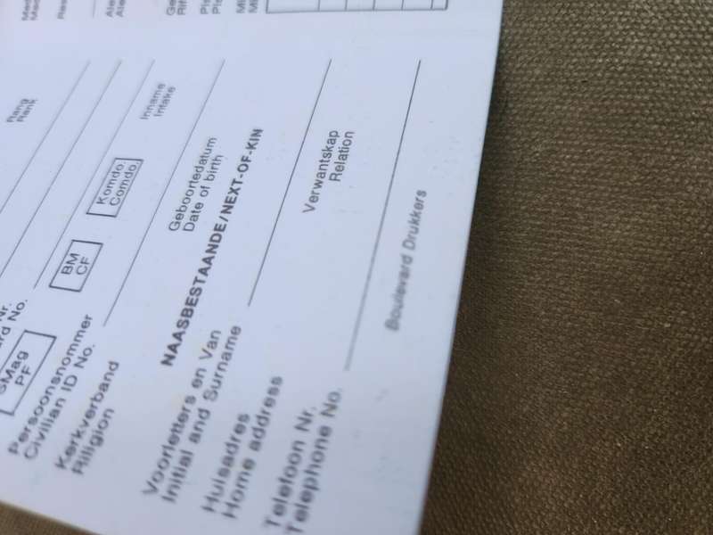 new & unused (only folded) SADF era individual soldiers' period identification personal details card