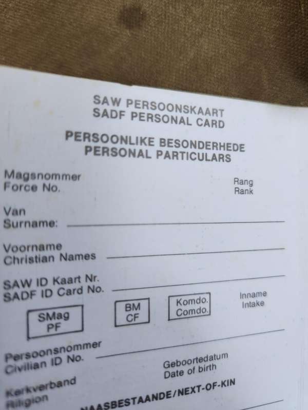 new & unused (only folded) SADF era individual soldiers' period identification personal details card