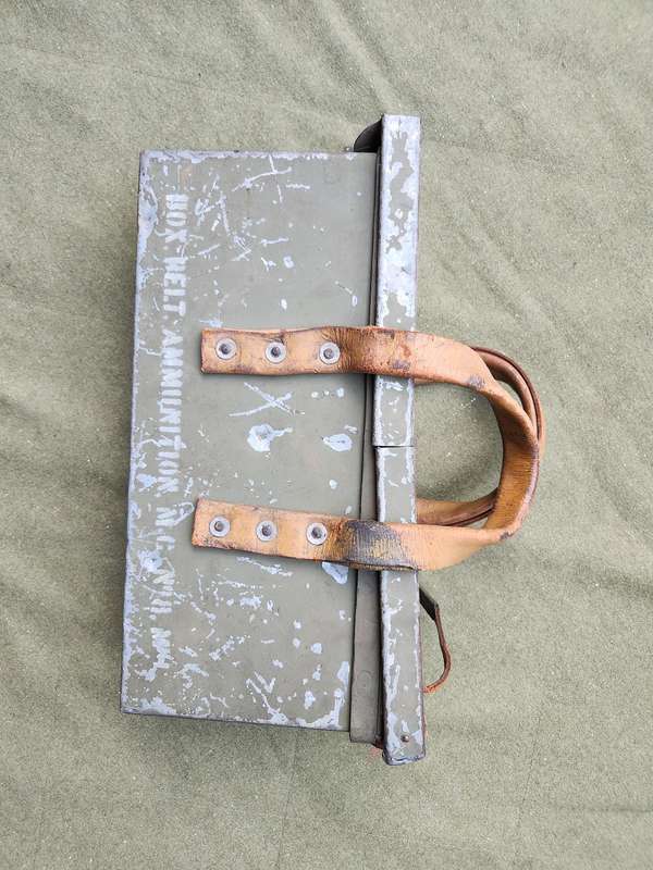 original post WW2 Vickers MMG machine gun ammo box - metal and leather - intact (see pics)