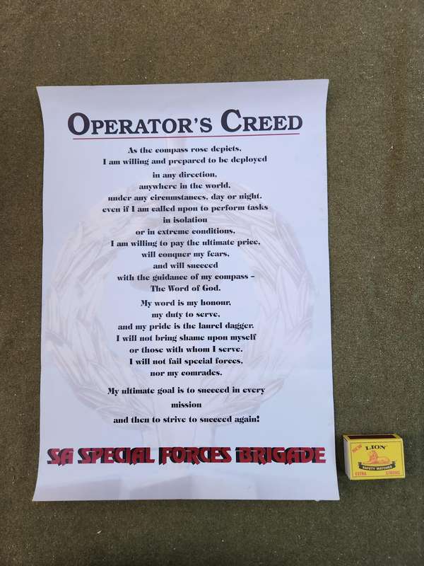 100% original SADF period A3 size glossy printed SA SF Recce Operator's creed in good period used