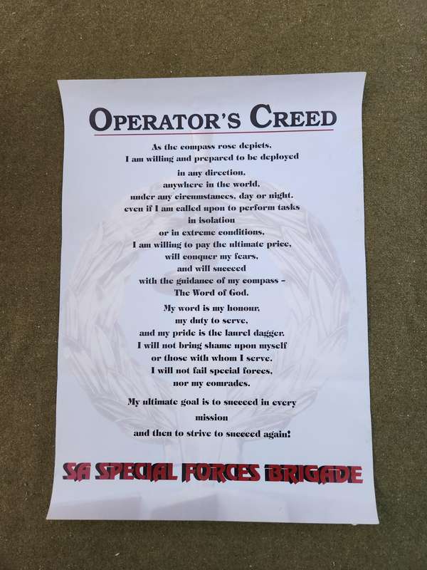 100% original SADF period A3 size glossy printed SA SF Recce Operator's creed in good period used