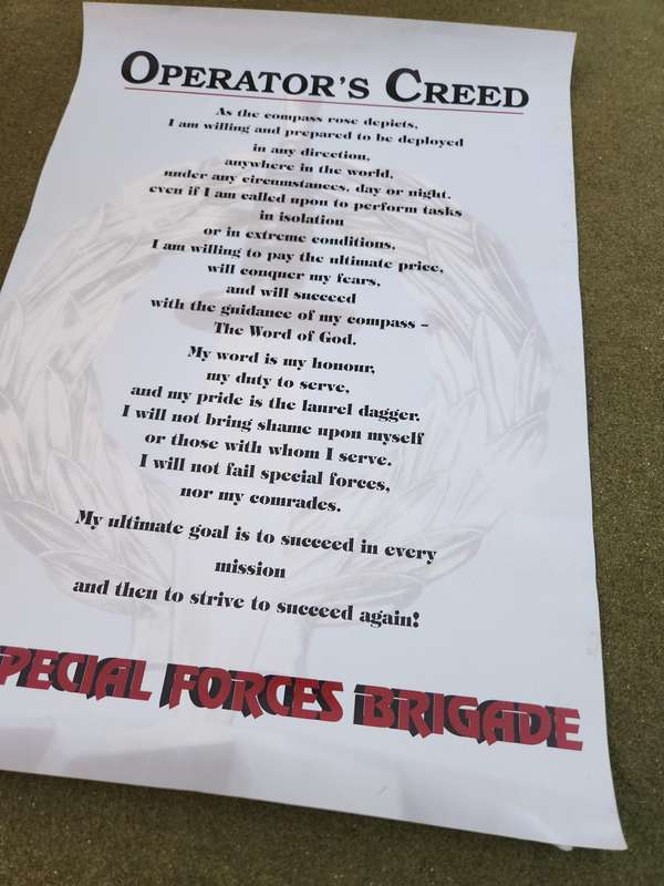 100% original SADF period A3 size glossy printed SA SF Recce Operator's creed in good period used