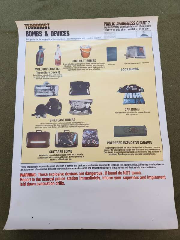new & unused 100% original 80s era South Africa warning poster - A2 size - foreign explosives