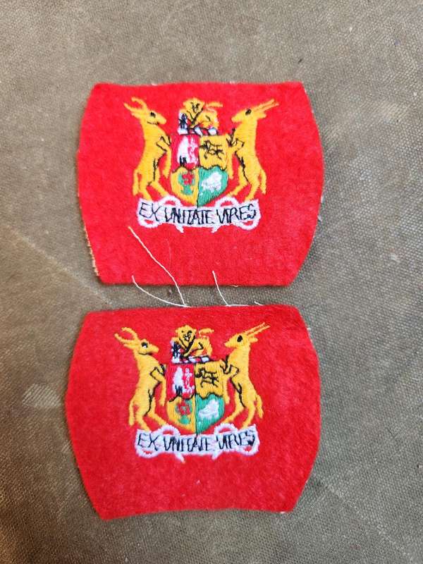 pair new & unused scarce & rare 100% original SADF period WO2 "RSM" red felt backing rank badges