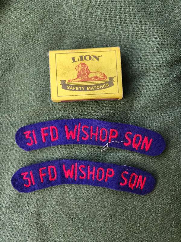 pair (scarce) new & unused 100% original period SADF era 31 Field Workshop Squadron shoulder titles