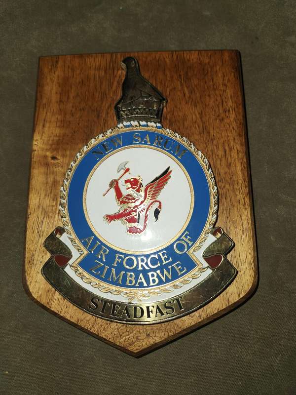 hard to find post Independence Zimbabwe Air Force plaque on African Hardwood wooden backing glue loo