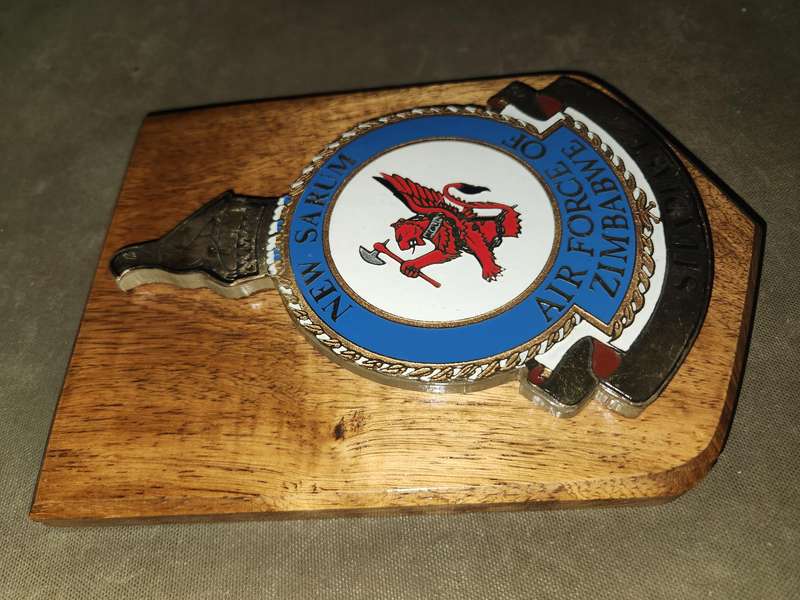 hard to find post Independence Zimbabwe Air Force plaque on African Hardwood wooden backing glue loo