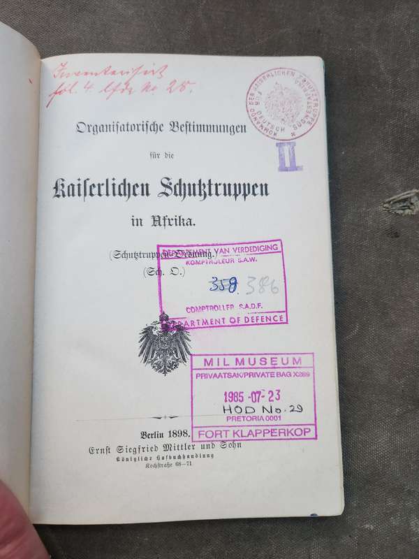 original Imperial Schutztruppe (German South West Africa) manual dd 1898 and likley a captured piece
