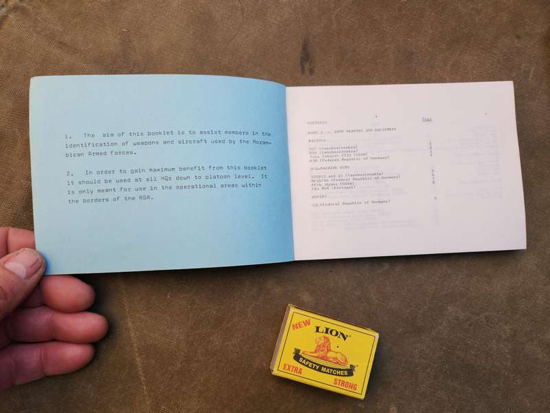 small SADF era A6 size pocket aide memoir for FPLM (Moz army)weapons etc. with colour RENAMO content