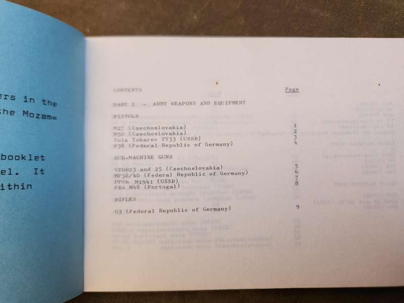 small SADF era A6 size pocket aide memoir for FPLM (Moz army)weapons etc. with colour RENAMO content