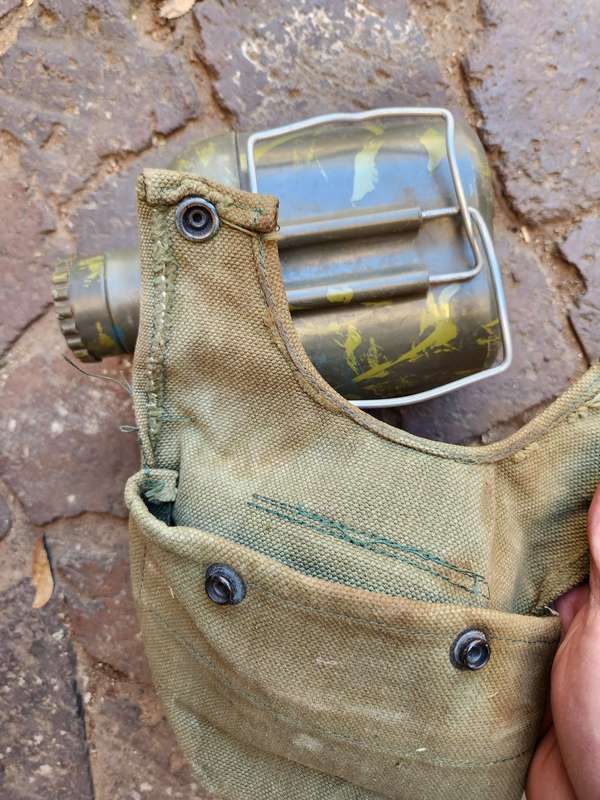 original Rhodesia bushwar era used patt 69 canteen carrier & SADF style patt 61/64 canteen (camo'ed)