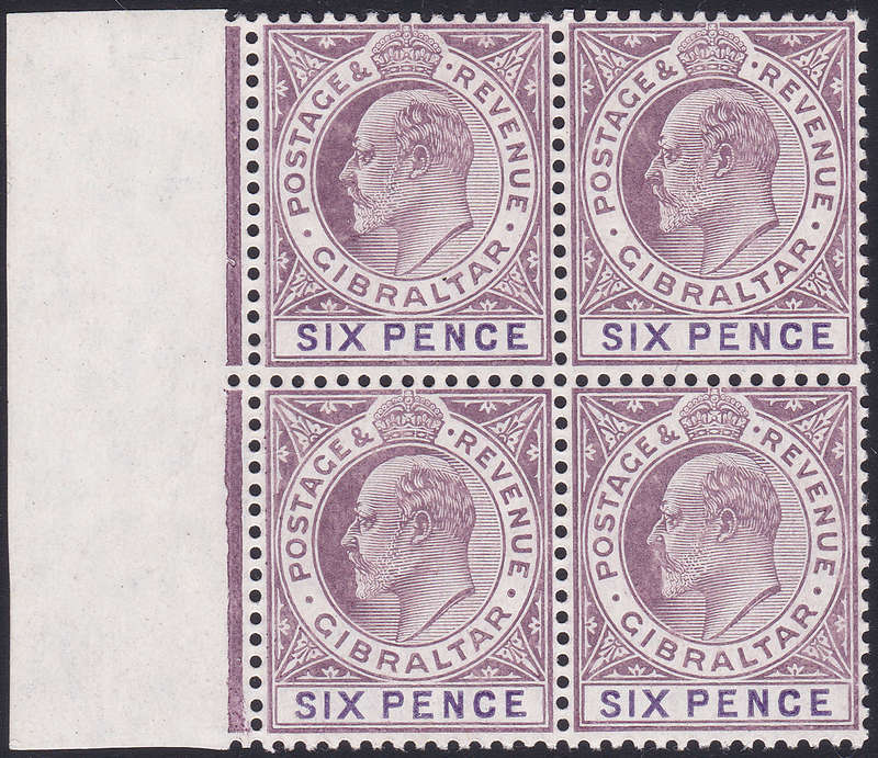GIBRALTAR 1886 SG60 6d PURPLE MARGINAL BLOCK OF FOUR **UNMOUNTED MINT** CV £200(2017)