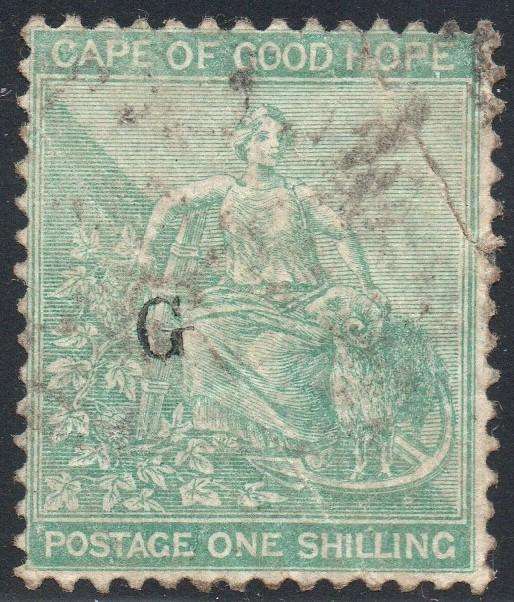 Griqualand West SG28 1/- GREEN - VFU with o/p type 17 - USED - SPACEFILLER
