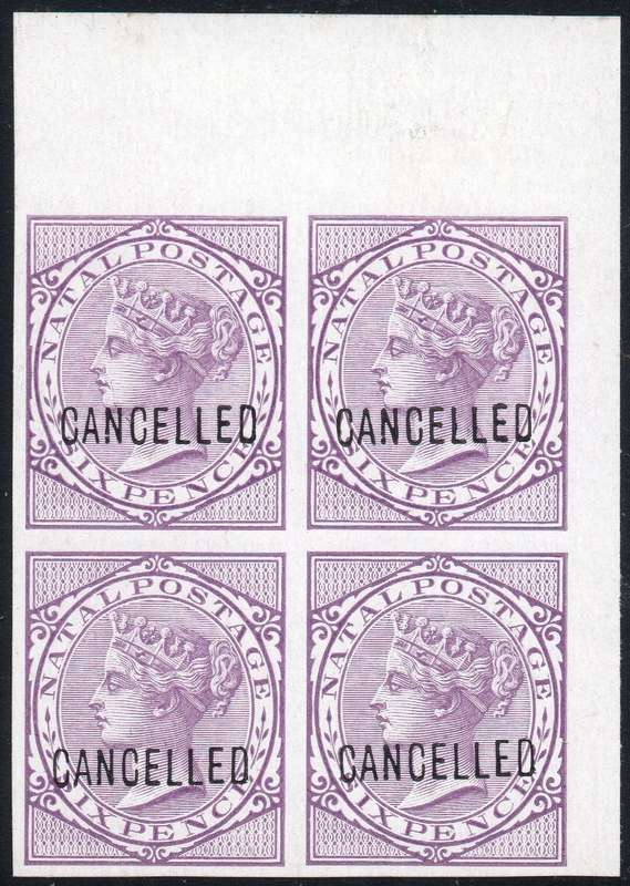 NATAL SACC74 6d LILAC IMPERF MARGINAL  BO4 OVERPRINTED ''CANCELLED''