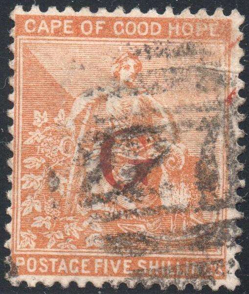 Griqualand West 1st PRINTING SG10g 5/- Yellow-orange - VFU with o/p TYPE 8 in red CV £1000+(2017)