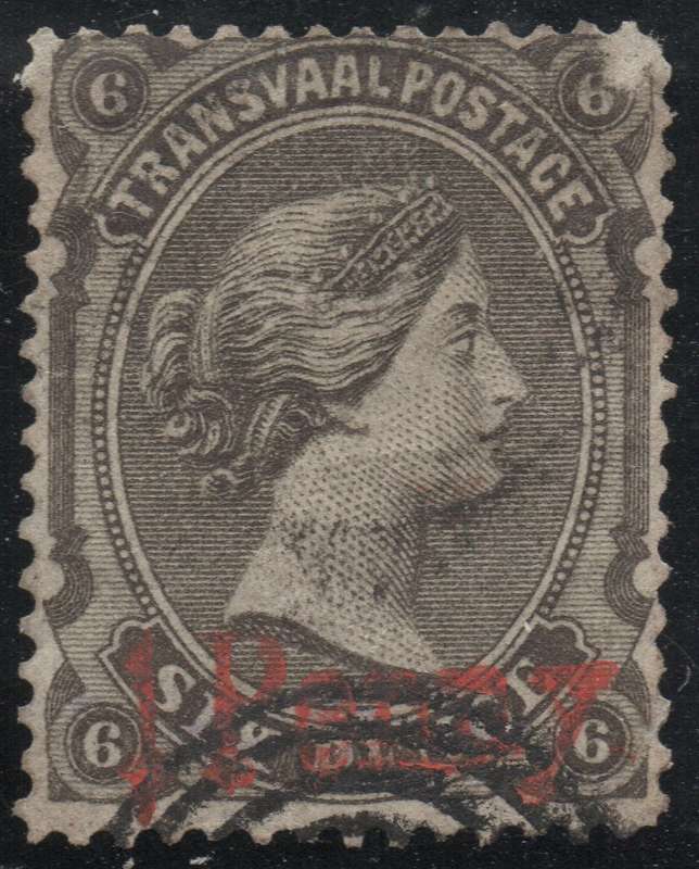 TRANSVAAL 1879 SACC168a 1d on 6d SURCHARGED IN RED VFU CV R10000