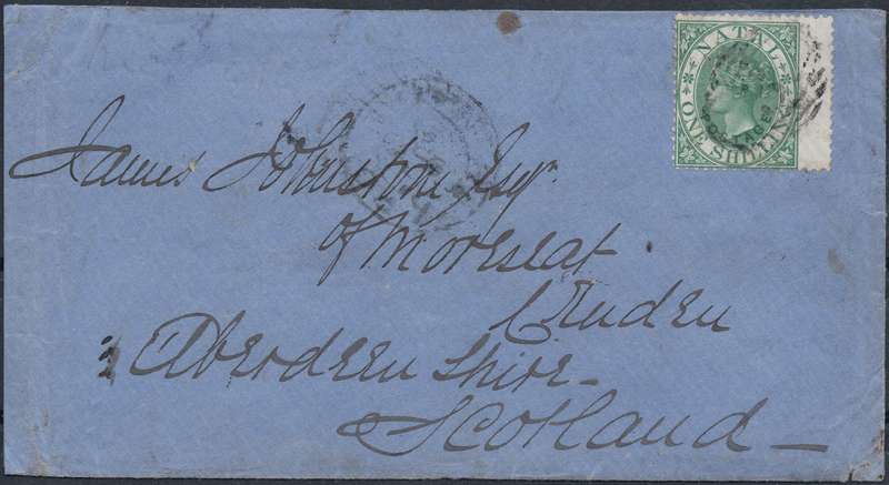 NATAL 1875 COVER NATAL TO ABERDEEN, SCOTLAND, TIED WITH 1/- GREEN(O/P IN GREEN)(SACC64)