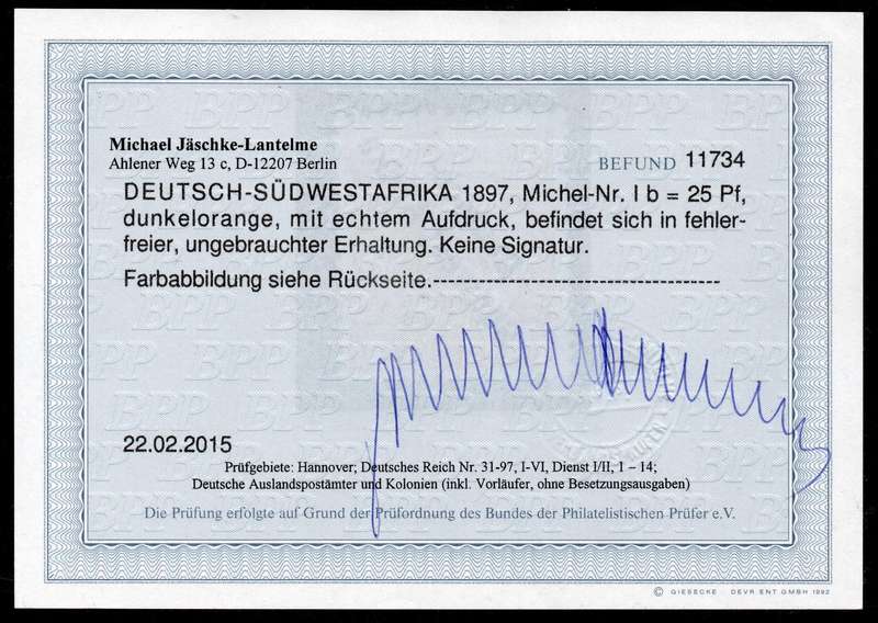 GERMAN SWA 1898 SACC11a 25Pfg DARK ORANGE W/CERTIFICATE - LMM - CV R8000